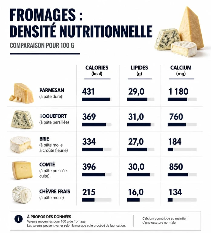 Infographie comparative des apports nutritionnels et calories des fromages pour la gestion du poids