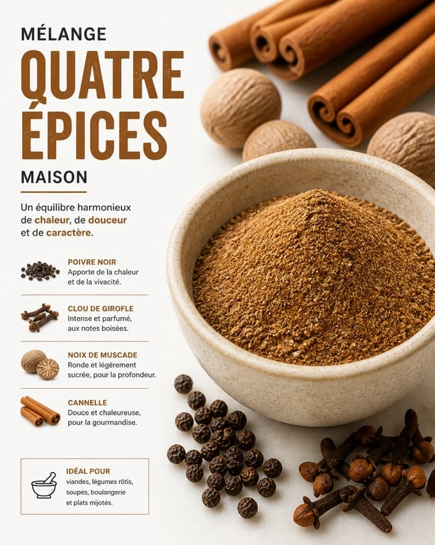 Mélange quatre-épices maison avec ses ingrédients : poivre, clou de girofle, muscade et cannelle