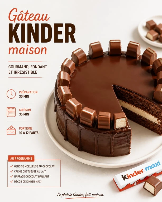 Gâteau Kinder Maxi maison avec nappage chocolat brillant et décoration gourmande