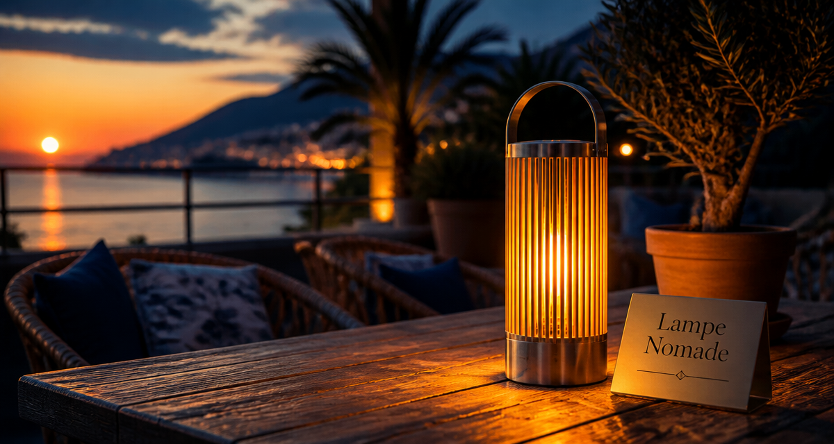 Lampe à pile LED sur terrasse en bois
