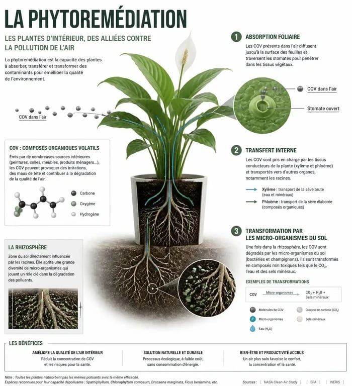 Schéma explicatif du fonctionnement des plantes d'intérieur dépolluantes et de la phytoremédiation
