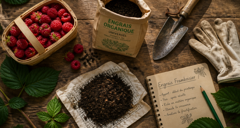engrais framboisier panier et compost sur table
