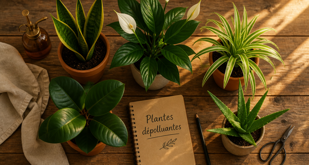 plantes d'interieur depolluante en pots sur table
