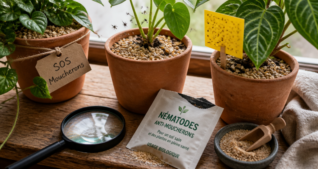 Produit anti moucheron plantes sur pot avec piège et nématodes