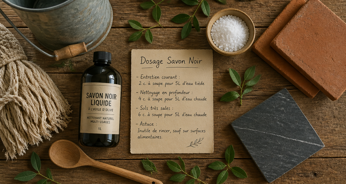 savon noir nettoyage sol, dosage exact, accessoires