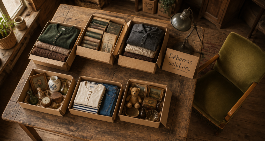 vider une maison emmaus table cartons fauteuil