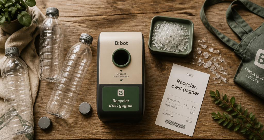 bouteille plastique recyclage sur table avec borne et ticket