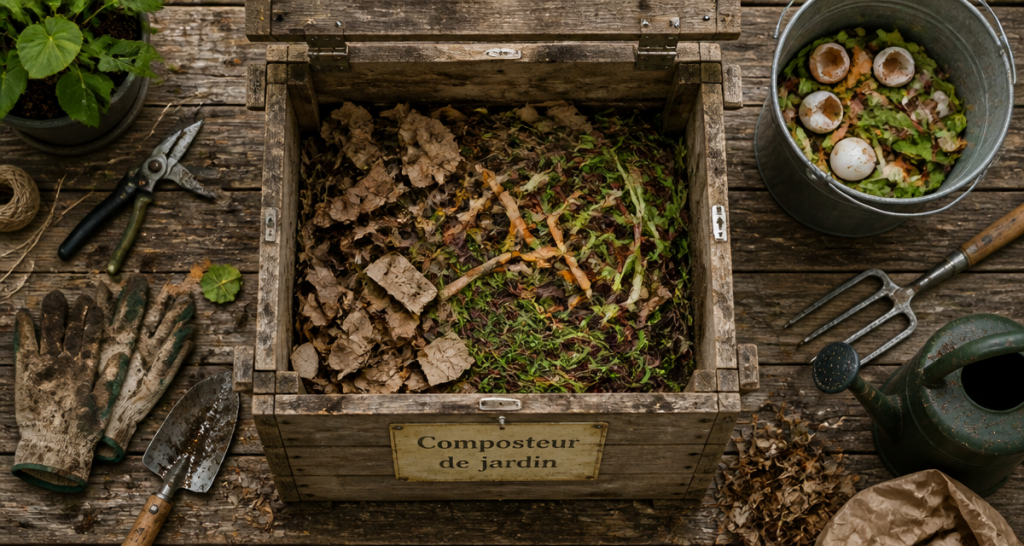 composteur jardin ouvert matières brunes vertes