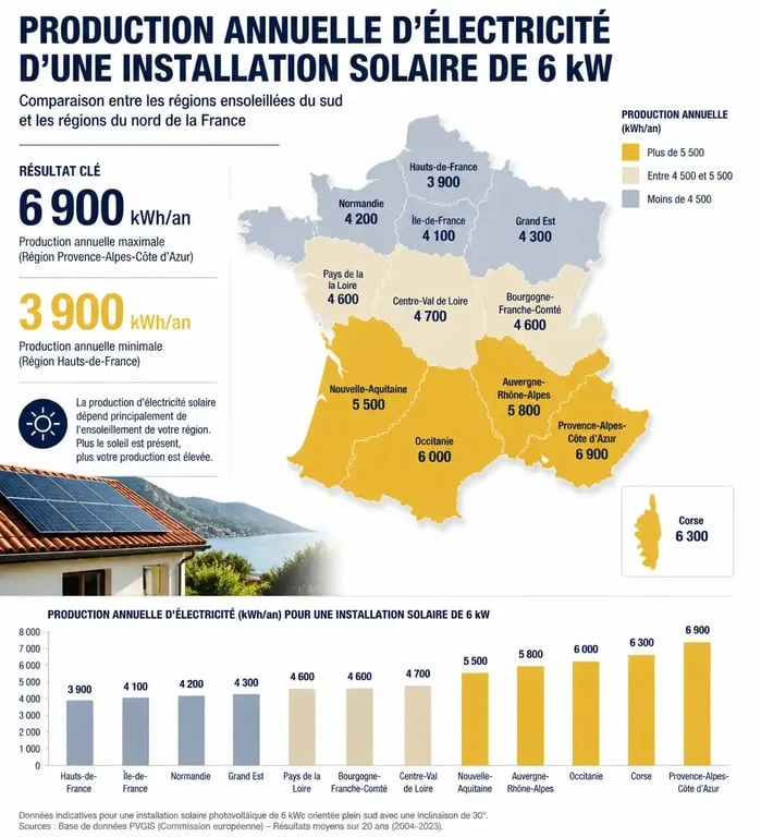 Graphique comparatif du rendement annuel d'une installation de panneaux solaires de 6 kW selon la localisation géographique en France.