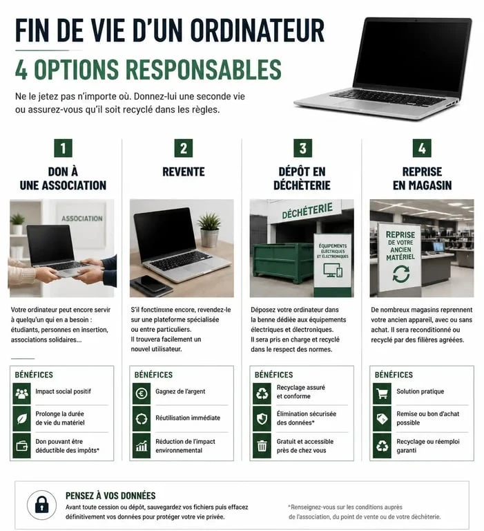 Infographie sur les solutions pour jeter ou recycler son ordinateur