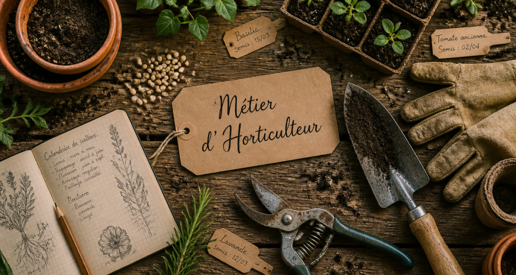 horticulteur metier outils et graines sur plan de travail