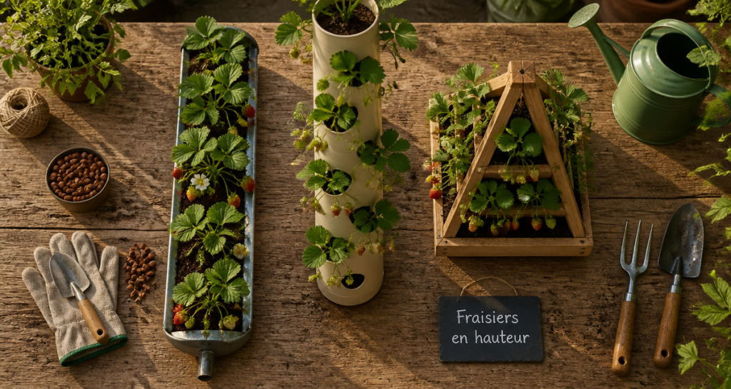 Plantation fraisier en hauteur gouttière tour pyramide