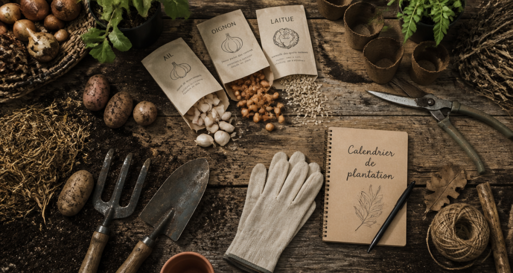 Que peut on planter dans le jardin en ce moment, semences et outils sur table