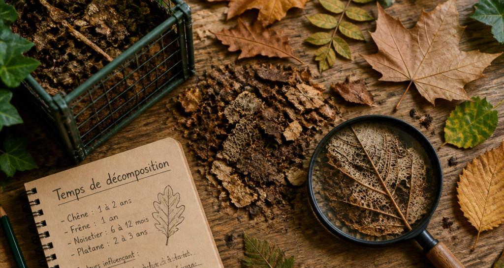 temps décomposition feuilles mortes sur plan de travail compost