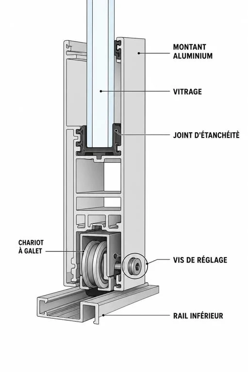 Schéma explicatif pour le réglage d'une baie coulissante en aluminium : localisation de la vis de réglage sur le montant