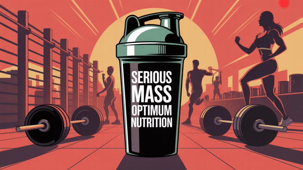 Illustration prise de masse avec shaker et haltères Serious Mass Optimum Nutrition