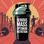 Illustration prise de masse avec shaker et haltères Serious Mass Optimum Nutrition