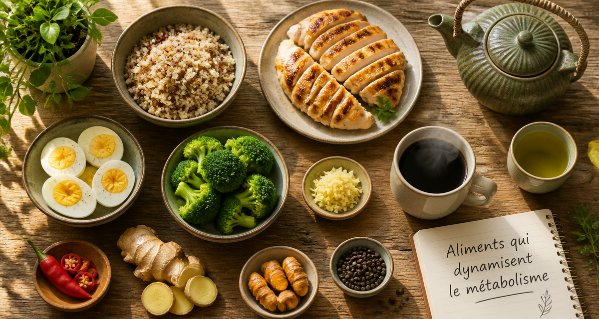 aliments qui boostent le métabolisme présentés sur table