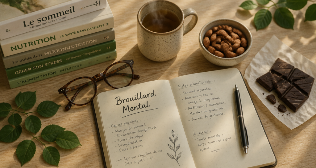 Bureau pour retrouver de l energie mentale avec carnet et aliments