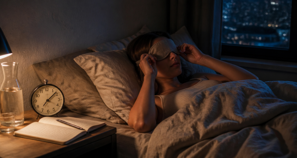 comment trouver le sommeil rapidement femme avec masque de sommeil