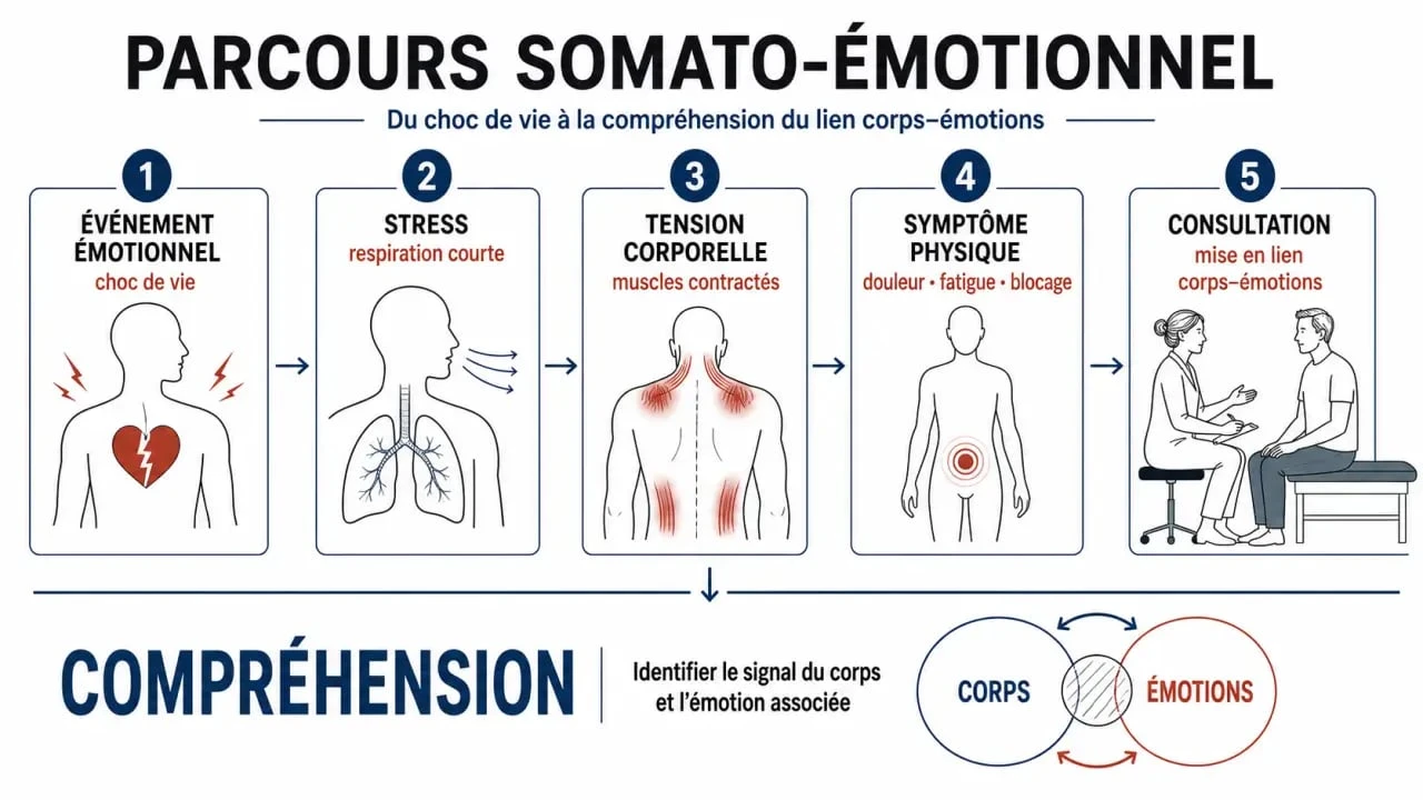 Schéma du somato émotionnel montrant le lien entre émotions, tensions du corps et consultation