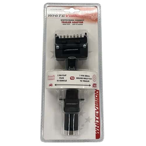 Trailer electrical connector adaptor for flat to round 7-pin plugs.