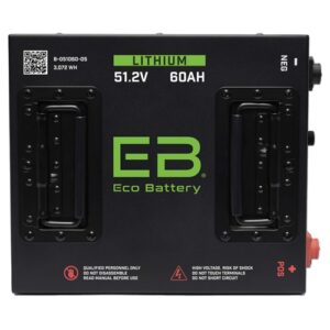 High-capacity lithium golf cart battery with 51V, 60Ah, and built-in charge and state of charge mete.