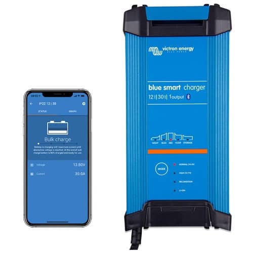 Bluetooth-enabled 12V 30A battery charger for automotive and marine use.