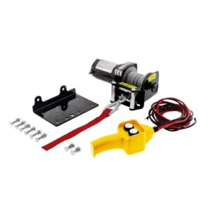 Electric ATV winch with steel cable for off-road recovery and vehicle assistance.