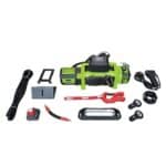 Recovery winch with synthetic rope for off-road vehicles.