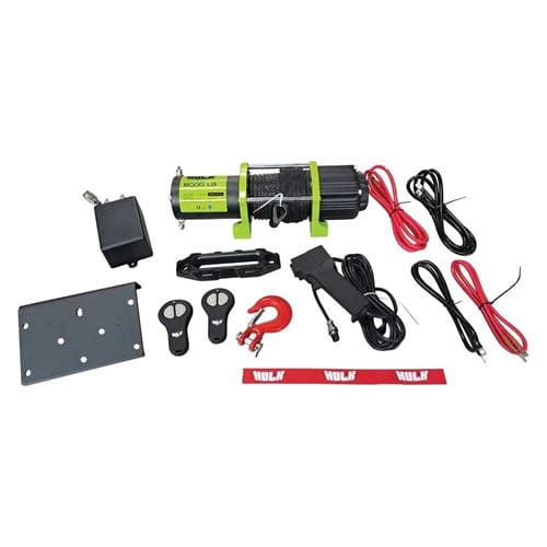 Hulk 4X4 HG6000S synthetic rope ATV winch with accessories.