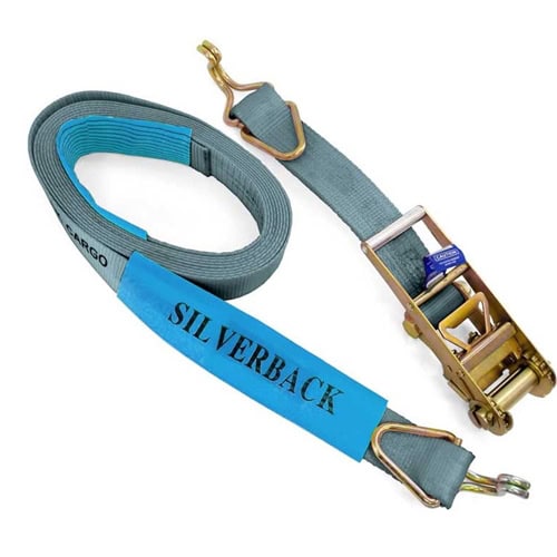 Heavy-duty ratchet tie down with hook and keeper, 75mm wide, 9 meters long, rated for 5000kg. Ideal.