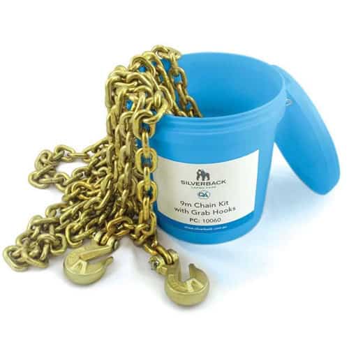 Lashing chain kit with grab hooks for transport security. Ideal for heavy-duty cargo and vehicle tie.