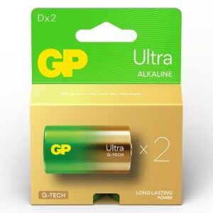 Pack of 2 GP Ultra Alkaline D batteries for reliable power.