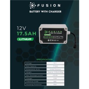 Fusion 12V 17.5AH Lithium-ion kayak battery with charger for FPV applications.