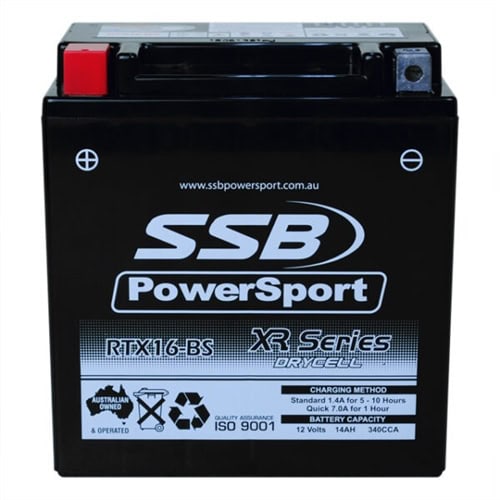 Motorcycle battery RTX16-BS from SSB PowerSport for reliable starting and performance.