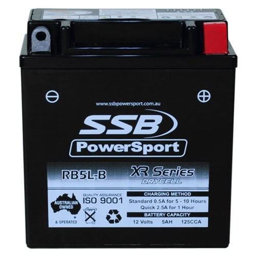 Motorcycle battery RB5L-B from SSB PowerSport XR Series, ideal for reliable motorcycle starting.