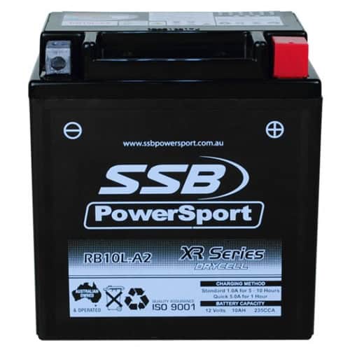 Motorcycle battery RB10L-A2 from SSB XR Series for reliable power. Perfect for motorcycle enthusiast.