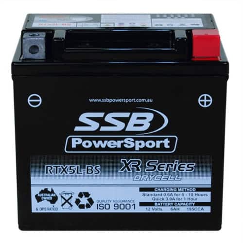 Motorcycle battery RTX5L-BS from SSB XR Series for reliable power.