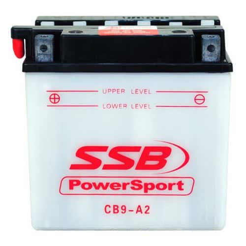 SSB Powersport flooded motorcycle battery for CB9-A2 model, ideal for motorcycle electrical systems.