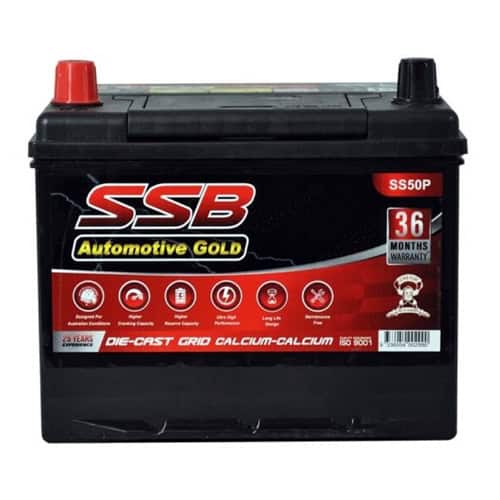 Car battery SS50P SSB Gold MF for reliable vehicle starting. High-performance automotive battery wit.