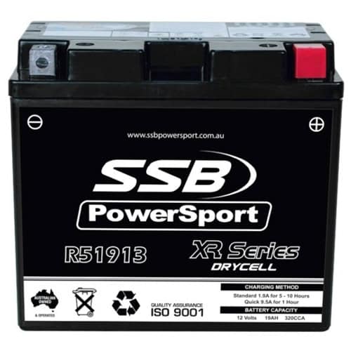 Motorcycle battery R51913 from SSB PowerSport XR Series for reliable starting. Perfect for motorcycl.