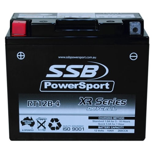 Motorcycle battery RT12B-4 from SSB XR Series for optimal performance.
