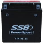 SSB Powersport YTX14L-BS motorcycle battery for reliable vehicle starting.