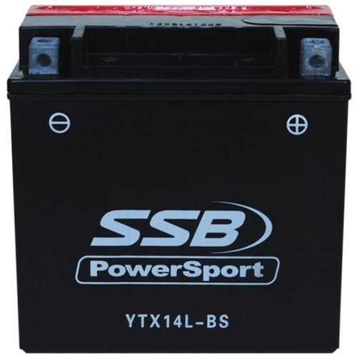SSB Powersport YTX14L-BS motorcycle battery for reliable vehicle starting.