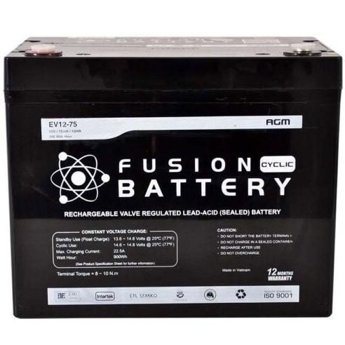 EV12-75 Fusion Electric Vehicle 12V Deep Cycle Battery for automotive and renewable energy applicati.