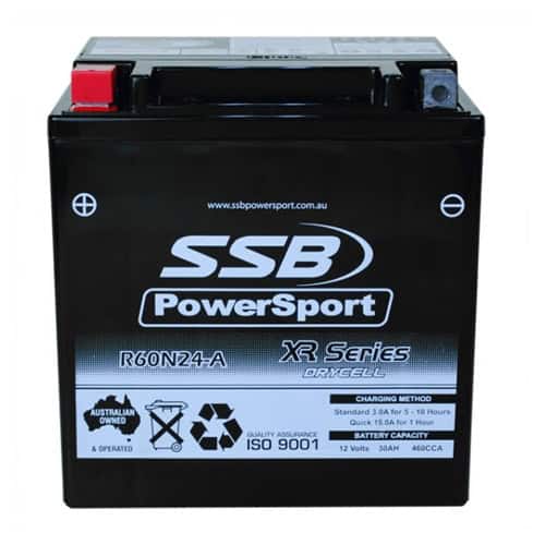 Motorcycle battery R60N24-A from SSB PowerSport XR Series for reliable motorcycle starting.