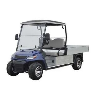 Electric utility cart with long wheelbase and seating for two, ideal for industrial and maintenance.