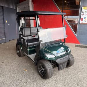 Premium golf cart with eco-friendly lithium battery and stylish dark green finish.