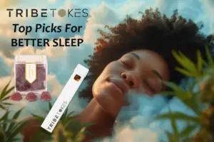 A woman sleeping soundly after using TribeTokes' CBN and CBD-infused sleep gummies.